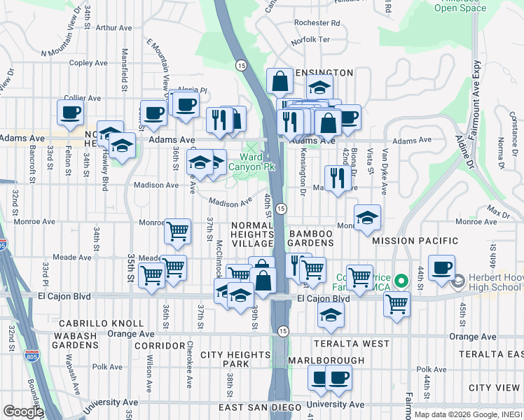 map of restaurants, bars, coffee shops, grocery stores, and more near 4544 40th Street in San Diego