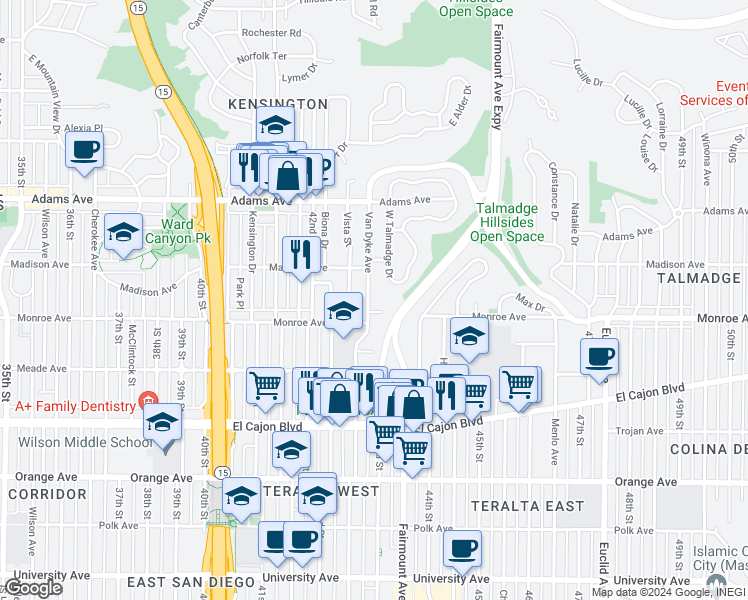 map of restaurants, bars, coffee shops, grocery stores, and more near 4535 Van Dyke Avenue in San Diego