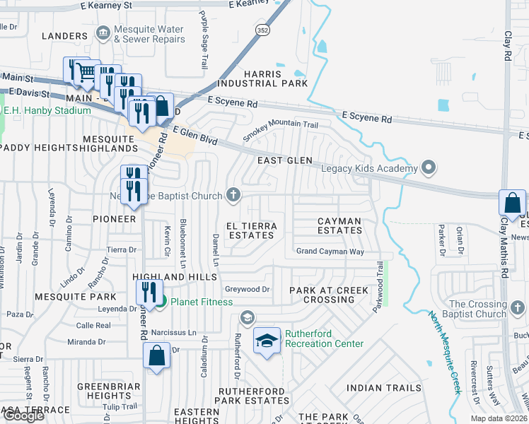 map of restaurants, bars, coffee shops, grocery stores, and more near 608 Coolwood Lane in Mesquite