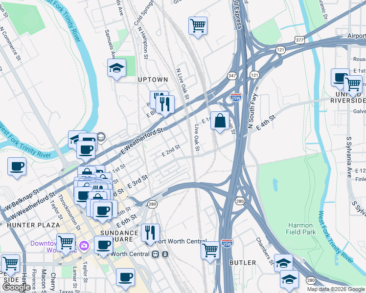 map of restaurants, bars, coffee shops, grocery stores, and more near 311 Nichols Street in Fort Worth
