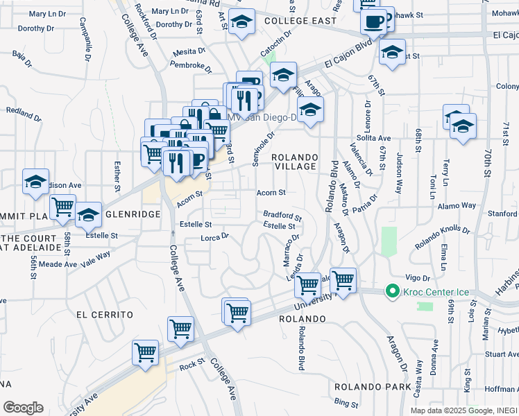 map of restaurants, bars, coffee shops, grocery stores, and more near 4525 Seminole Drive in San Diego