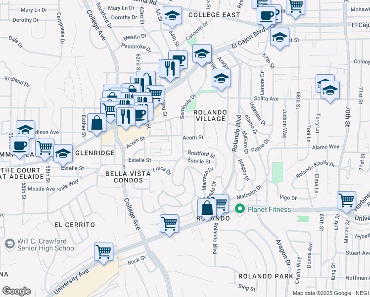 map of restaurants, bars, coffee shops, grocery stores, and more near 4525 Seminole Drive in San Diego