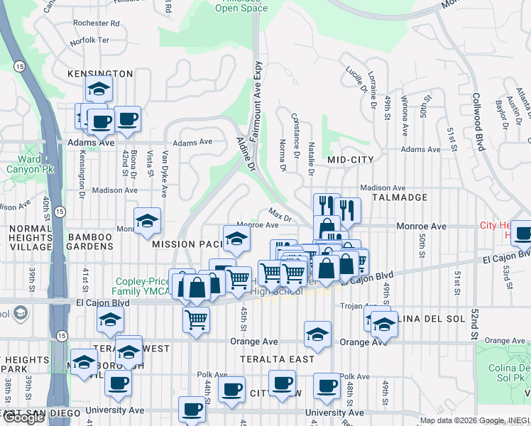map of restaurants, bars, coffee shops, grocery stores, and more near 4527 Max Drive in San Diego