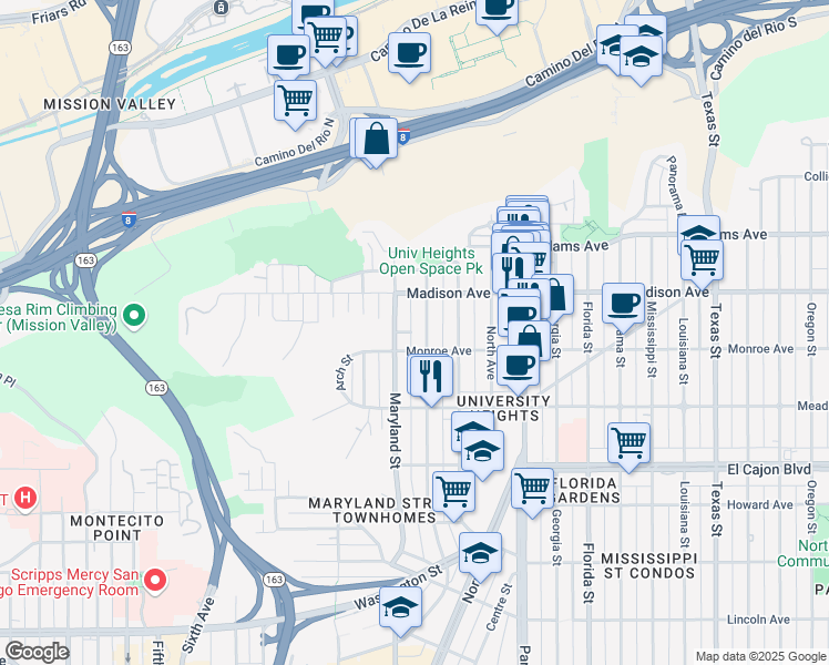map of restaurants, bars, coffee shops, grocery stores, and more near 4524 Maryland Court in San Diego