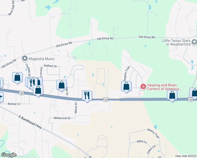 map of restaurants, bars, coffee shops, grocery stores, and more near 1725 Fort Worth Highway in Weatherford