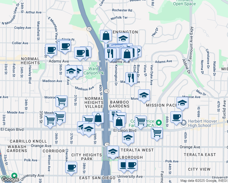 map of restaurants, bars, coffee shops, grocery stores, and more near 4532 Kensington Drive in San Diego