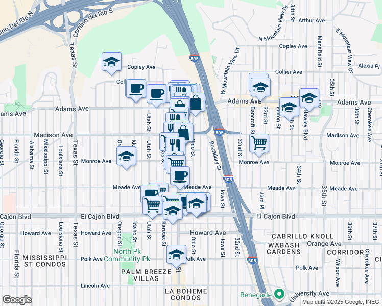 map of restaurants, bars, coffee shops, grocery stores, and more near 4528 Ohio Street in San Diego