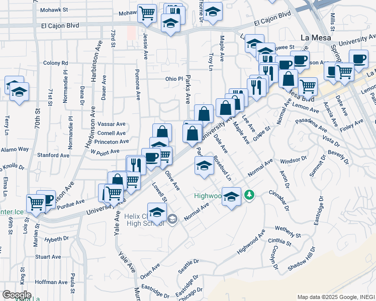 map of restaurants, bars, coffee shops, grocery stores, and more near 7560 University Avenue in La Mesa