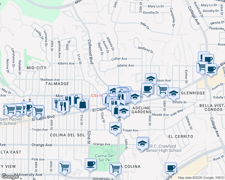 map of restaurants, bars, coffee shops, grocery stores, and more near in San Diego