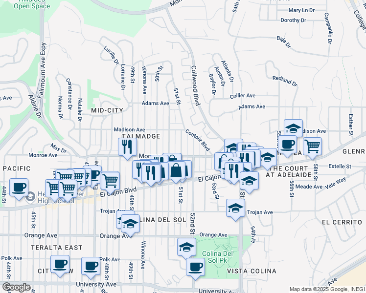 map of restaurants, bars, coffee shops, grocery stores, and more near 4562 52nd Street in San Diego