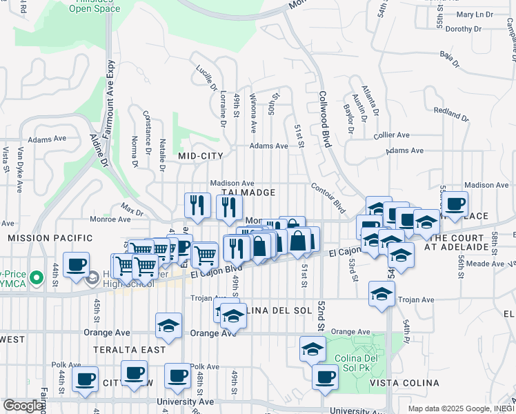 map of restaurants, bars, coffee shops, grocery stores, and more near 4554 50th Street in San Diego