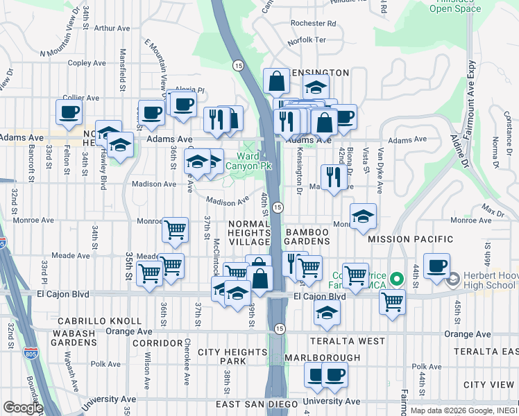 map of restaurants, bars, coffee shops, grocery stores, and more near 4544 40th Street in San Diego