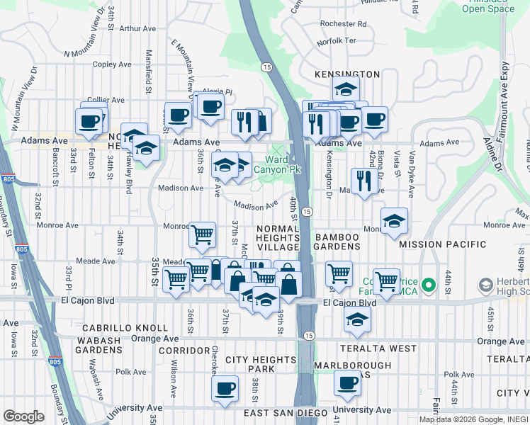 map of restaurants, bars, coffee shops, grocery stores, and more near 3845 Madison Avenue in San Diego