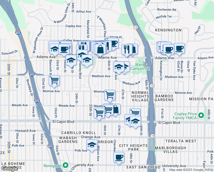map of restaurants, bars, coffee shops, grocery stores, and more near 4546 36th Street in San Diego