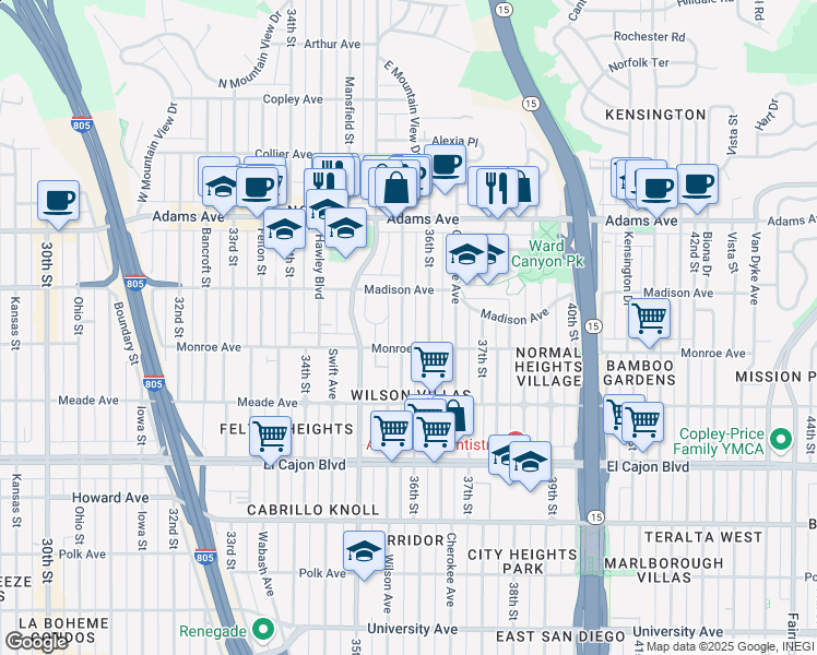 map of restaurants, bars, coffee shops, grocery stores, and more near 4546 36th Street in San Diego