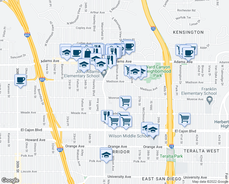 map of restaurants, bars, coffee shops, grocery stores, and more near 4599 35th Place in San Diego