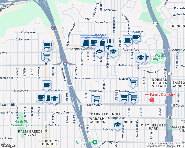 map of restaurants, bars, coffee shops, grocery stores, and more near 4546 34th Street in San Diego