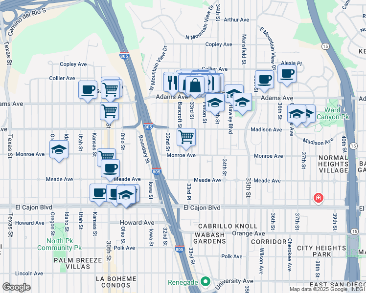 map of restaurants, bars, coffee shops, grocery stores, and more near 4550 33rd Street in San Diego