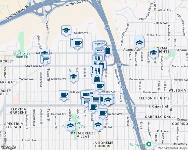 map of restaurants, bars, coffee shops, grocery stores, and more near 4542 30th Street in San Diego
