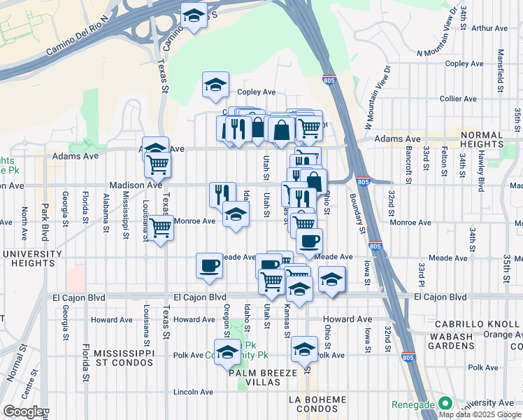 map of restaurants, bars, coffee shops, grocery stores, and more near 4533 Idaho Street in San Diego
