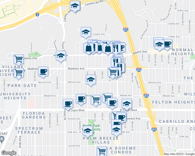 map of restaurants, bars, coffee shops, grocery stores, and more near 4533 Idaho Street in San Diego