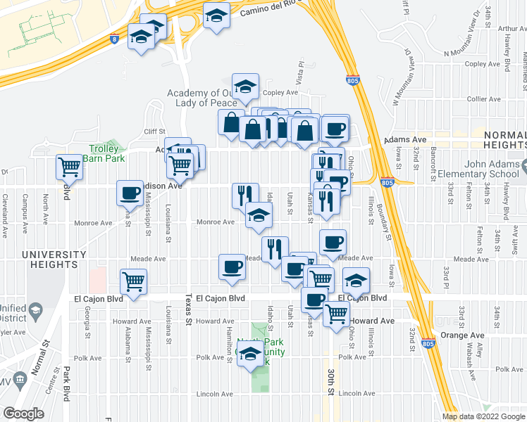 map of restaurants, bars, coffee shops, grocery stores, and more near 4541 Oregon Street in San Diego