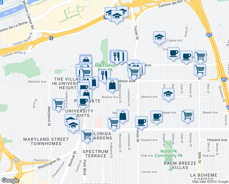 map of restaurants, bars, coffee shops, grocery stores, and more near 4525 Alabama Street in San Diego