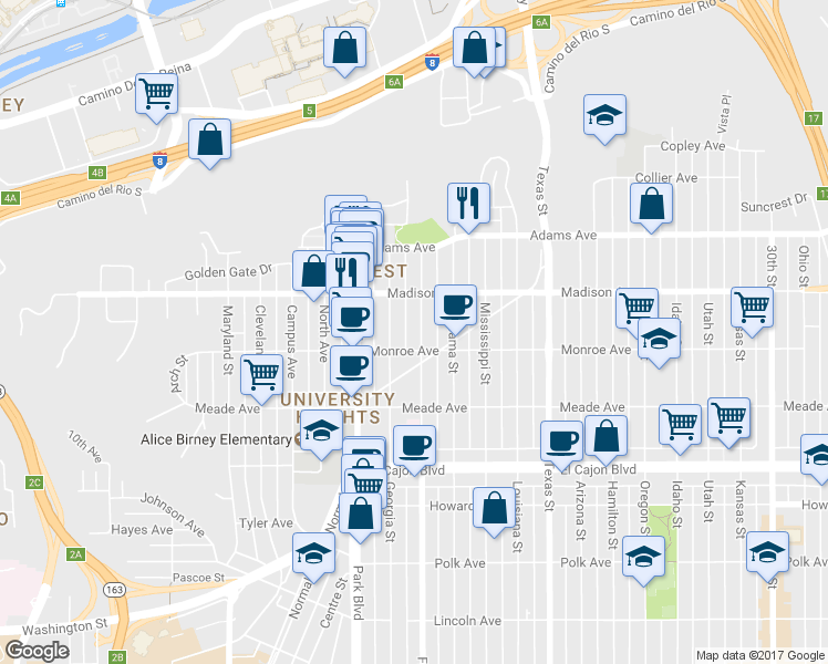 map of restaurants, bars, coffee shops, grocery stores, and more near 4546 Florida Street in San Diego