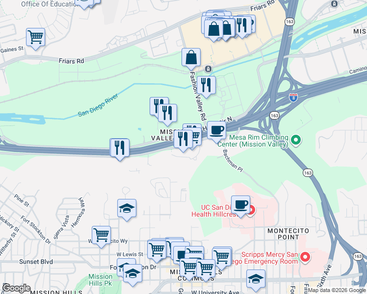 map of restaurants, bars, coffee shops, grocery stores, and more near 875 Hotel Circle South in San Diego