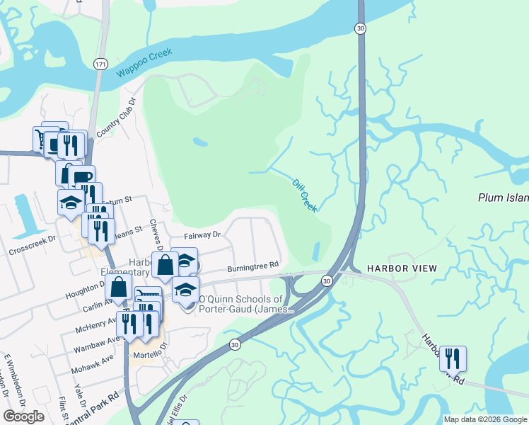 map of restaurants, bars, coffee shops, grocery stores, and more near 1433 Burningtree Road in Charleston