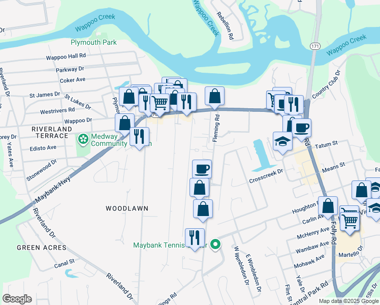 map of restaurants, bars, coffee shops, grocery stores, and more near 248A Howle Avenue in Charleston