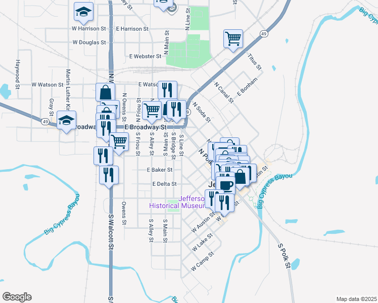 map of restaurants, bars, coffee shops, grocery stores, and more near 523 North Polk Street in Jefferson