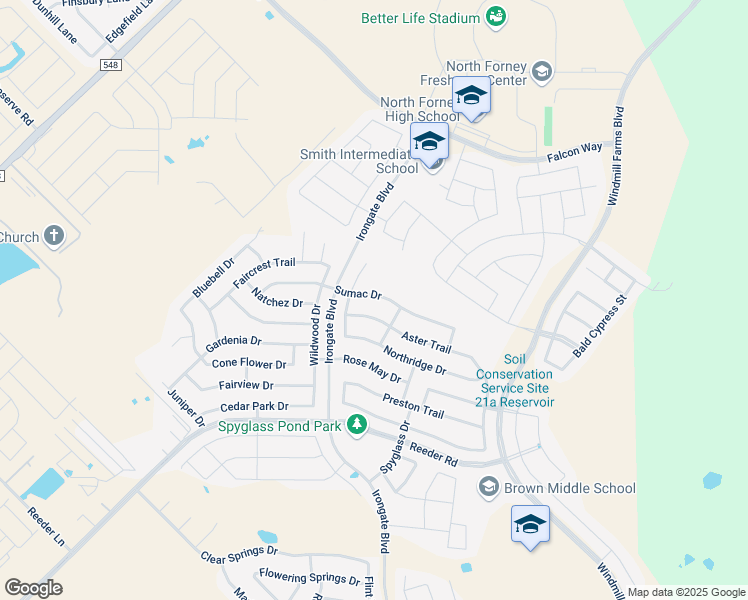 map of restaurants, bars, coffee shops, grocery stores, and more near 2109 Sumac Drive in Forney