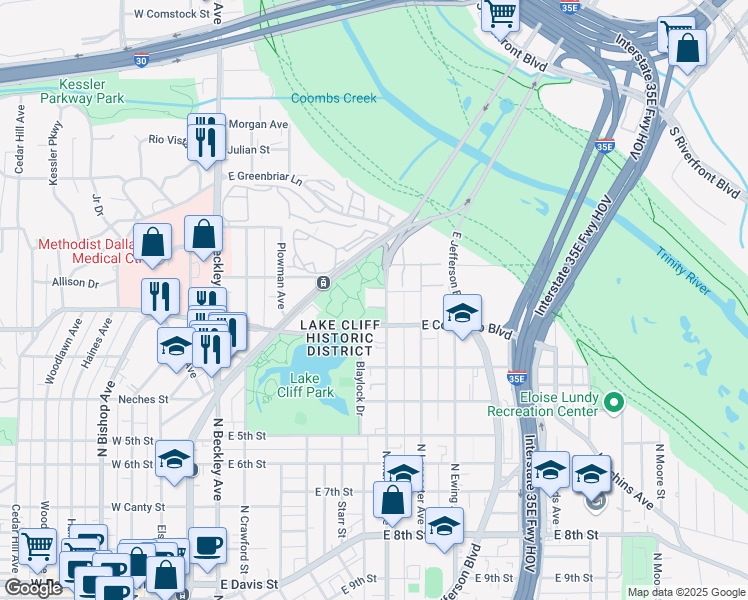 map of restaurants, bars, coffee shops, grocery stores, and more near 929 North Marsalis Avenue in Dallas