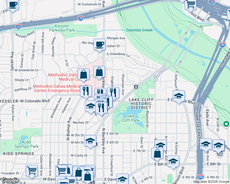 map of restaurants, bars, coffee shops, grocery stores, and more near 1329 Englewood Road in Dallas