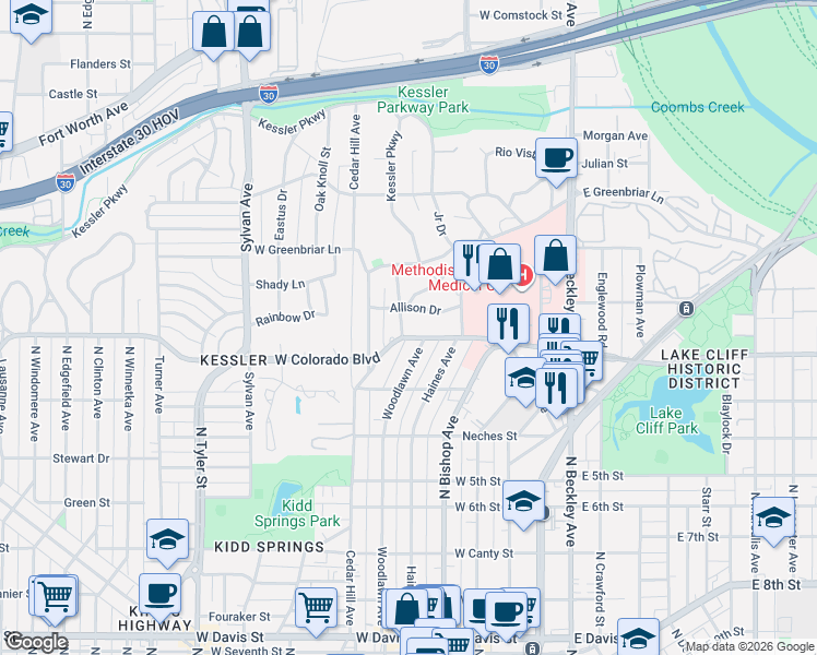 map of restaurants, bars, coffee shops, grocery stores, and more near 1314 Woodlawn Avenue in Dallas