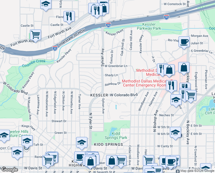 map of restaurants, bars, coffee shops, grocery stores, and more near 735 Rainbow Drive in Dallas