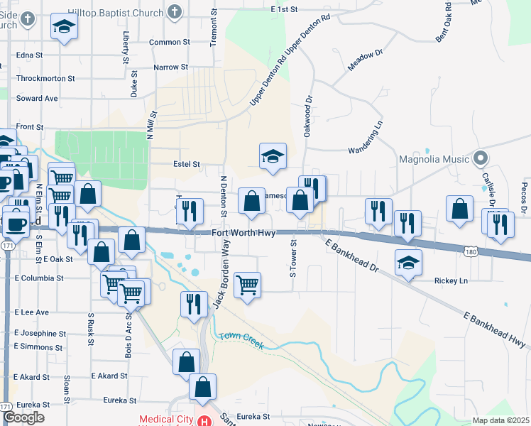 map of restaurants, bars, coffee shops, grocery stores, and more near 1009 Johnson Street in Weatherford