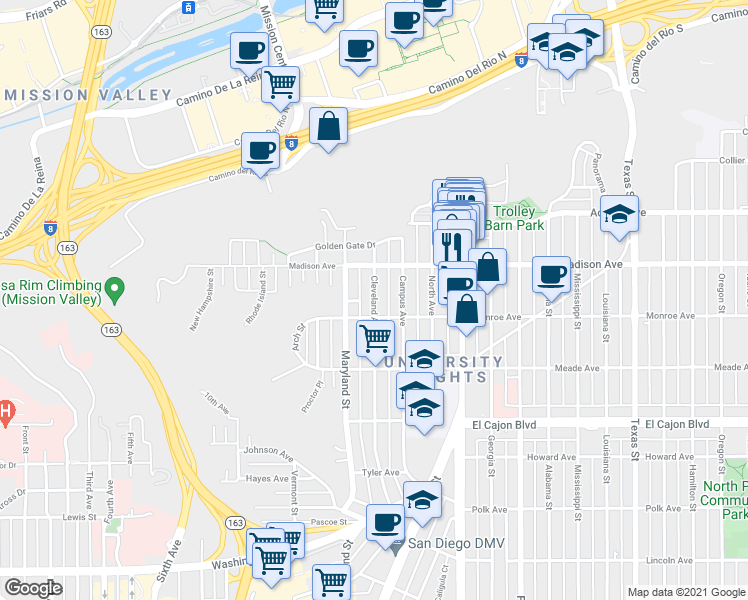 map of restaurants, bars, coffee shops, grocery stores, and more near 4531 Cleveland Ave in San Diego