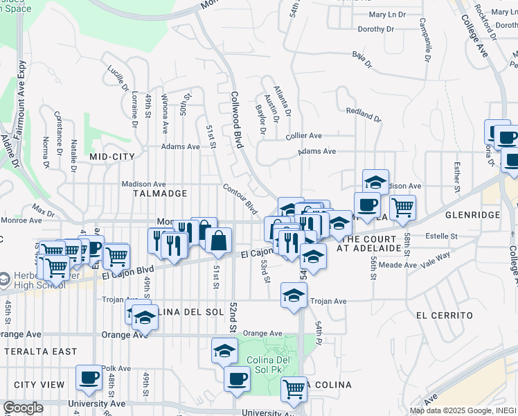 map of restaurants, bars, coffee shops, grocery stores, and more near 4527 Contour Boulevard in San Diego