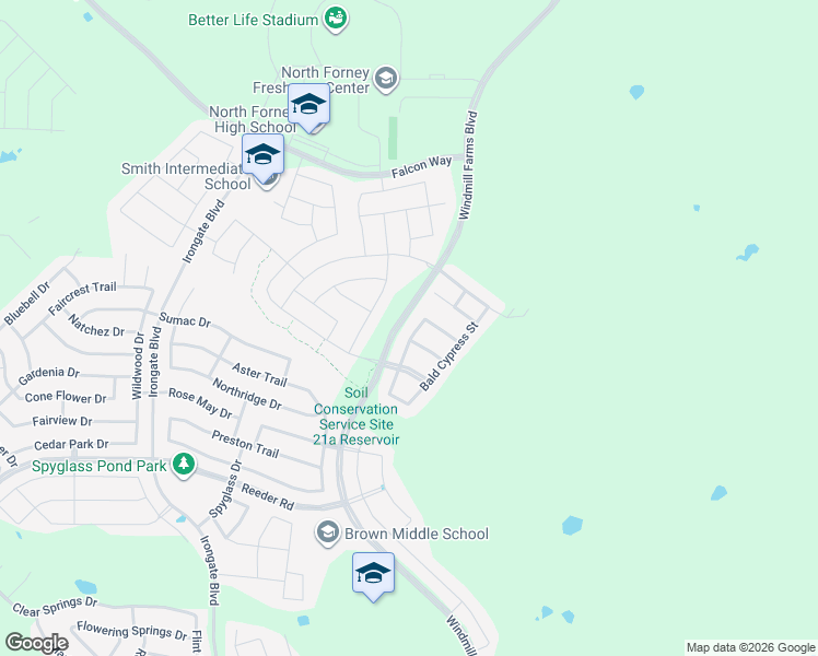 map of restaurants, bars, coffee shops, grocery stores, and more near 9225 Switchgrass Lane in Forney