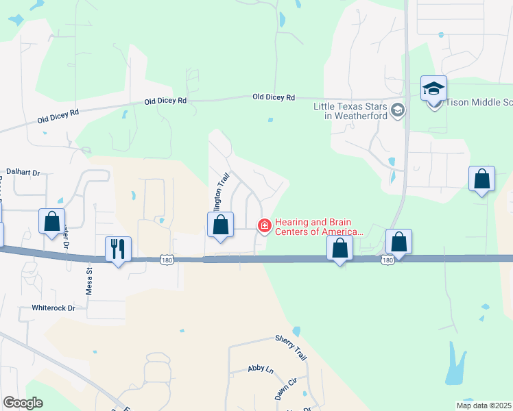 map of restaurants, bars, coffee shops, grocery stores, and more near 221 Willow Creek Drive in Weatherford