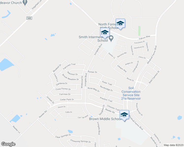 map of restaurants, bars, coffee shops, grocery stores, and more near 2112 Sumac Drive in Forney