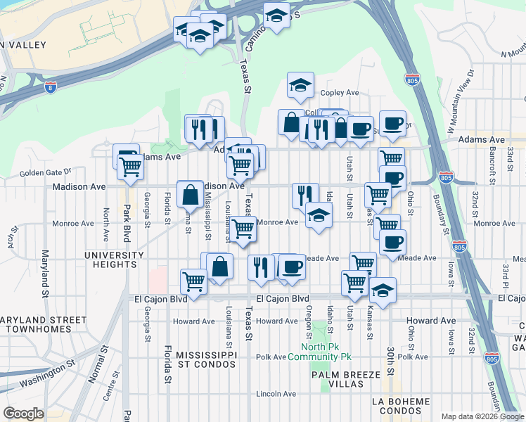 map of restaurants, bars, coffee shops, grocery stores, and more near 4526 Arizona Street in San Diego