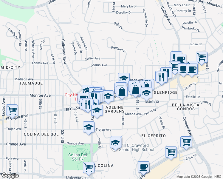 map of restaurants, bars, coffee shops, grocery stores, and more near 4560 55th Street in San Diego