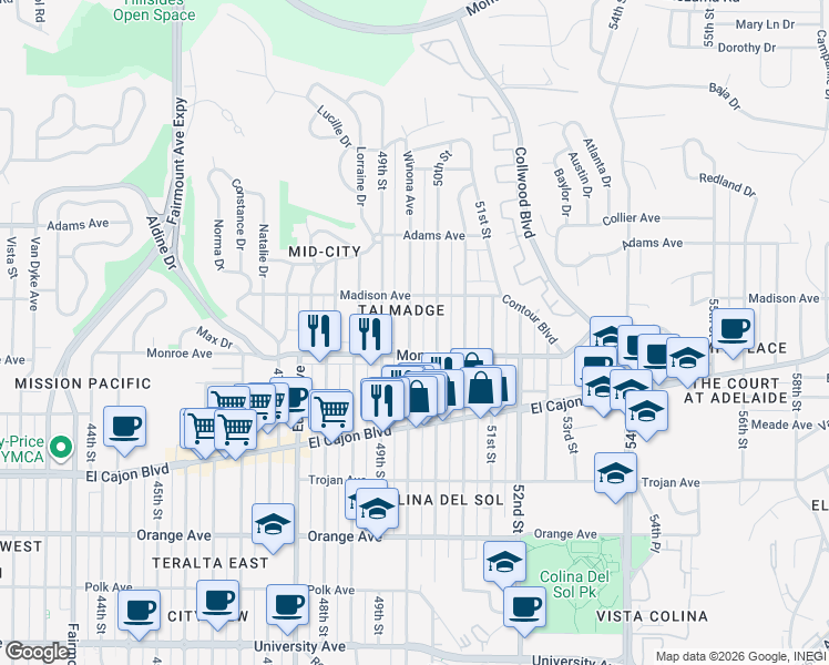 map of restaurants, bars, coffee shops, grocery stores, and more near 4535 Winona Avenue in San Diego