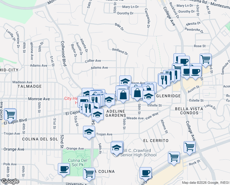 map of restaurants, bars, coffee shops, grocery stores, and more near 4560 55th Street in San Diego