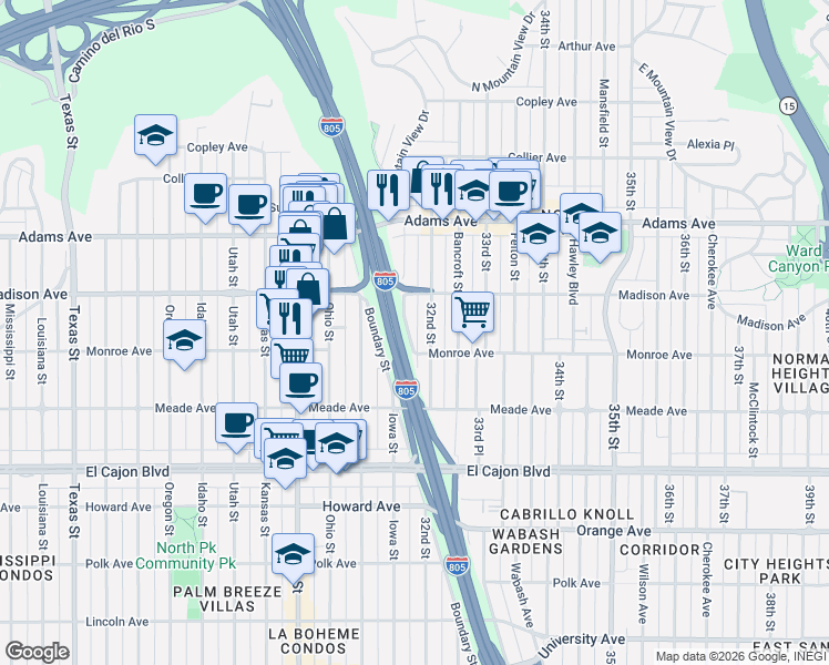 map of restaurants, bars, coffee shops, grocery stores, and more near 4557 Iowa Street in San Diego