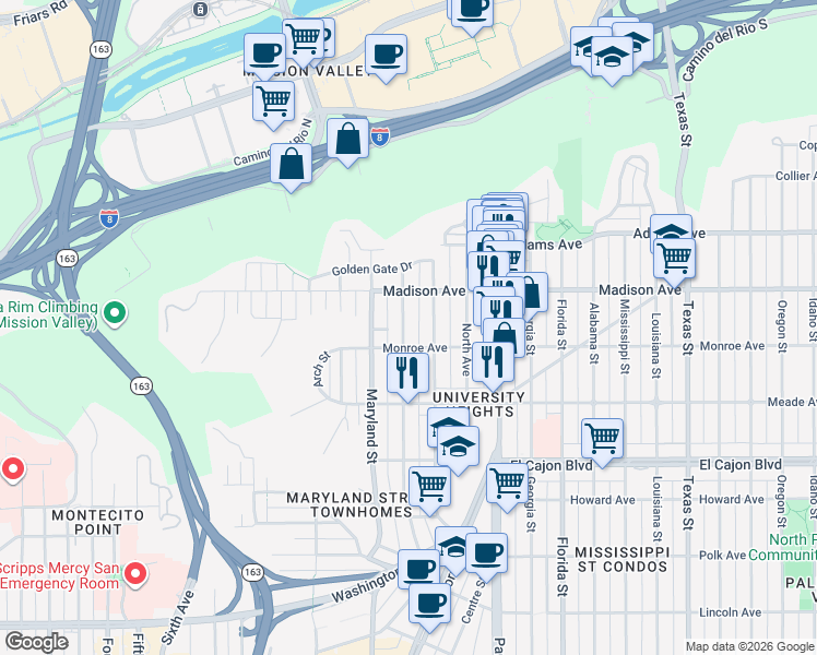 map of restaurants, bars, coffee shops, grocery stores, and more near 4543 Cleveland Avenue in San Diego
