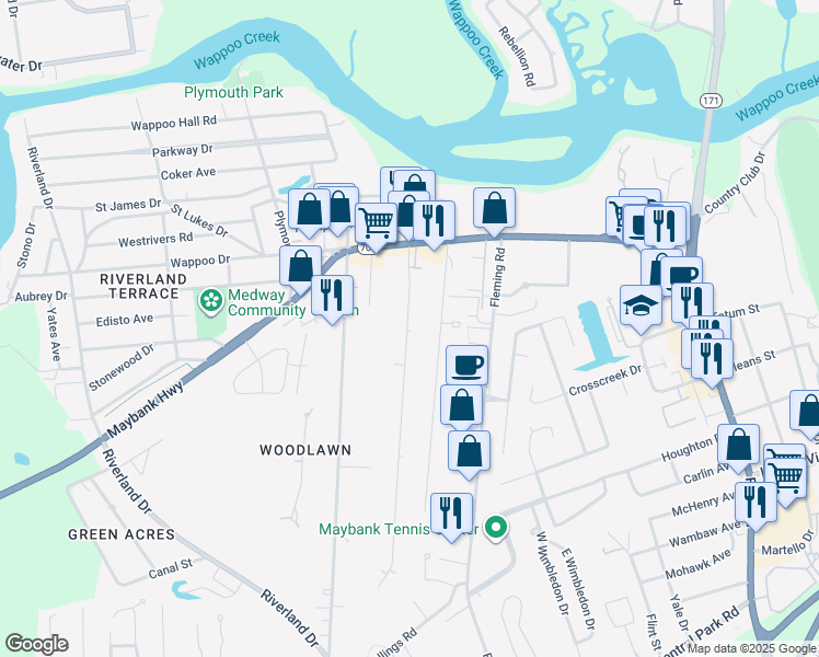 map of restaurants, bars, coffee shops, grocery stores, and more near 253 Stefan Drive in Charleston